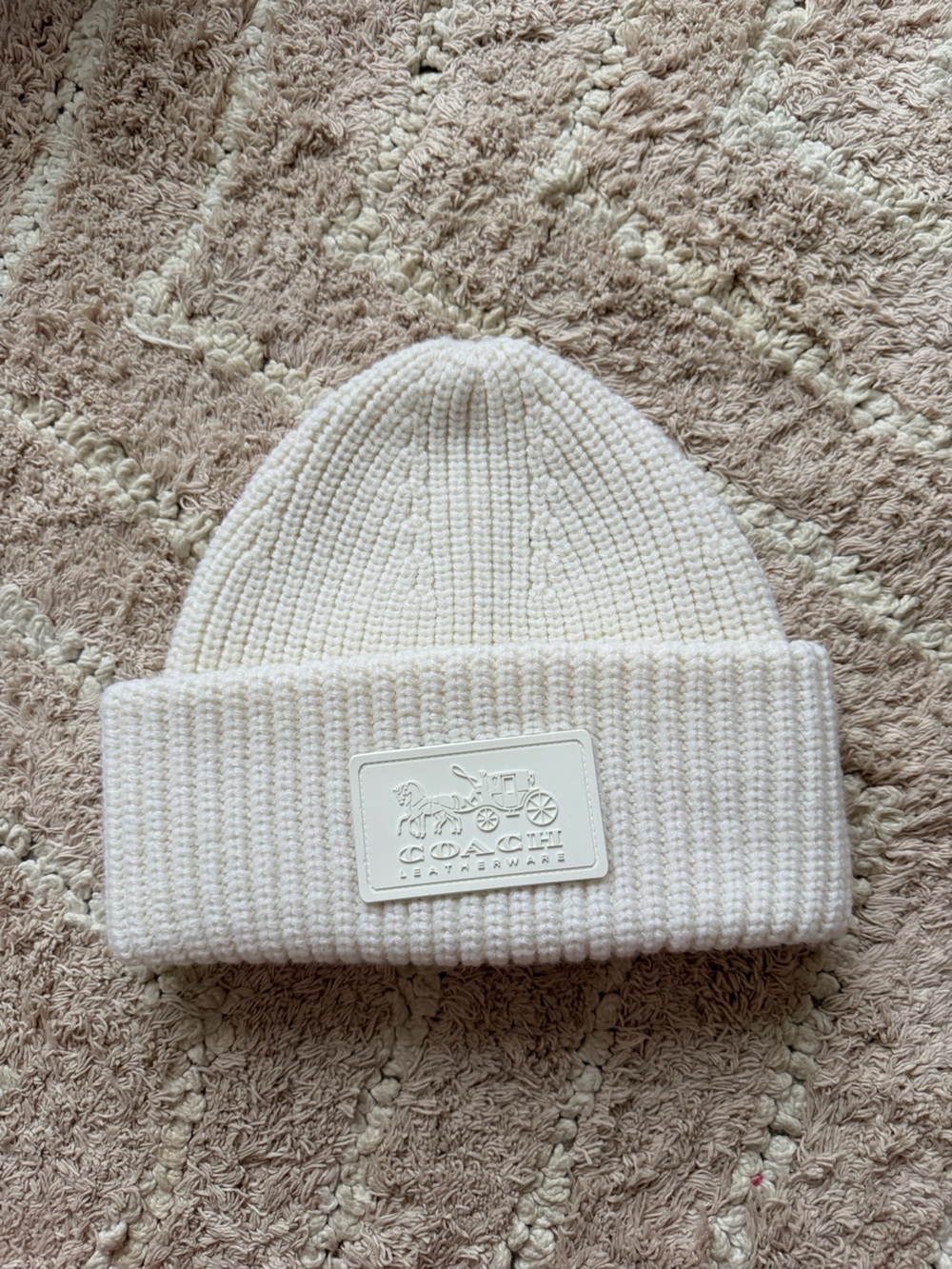 Coach Kids Cream Ribbed Knit Cuffed Beanie with Logo Patch